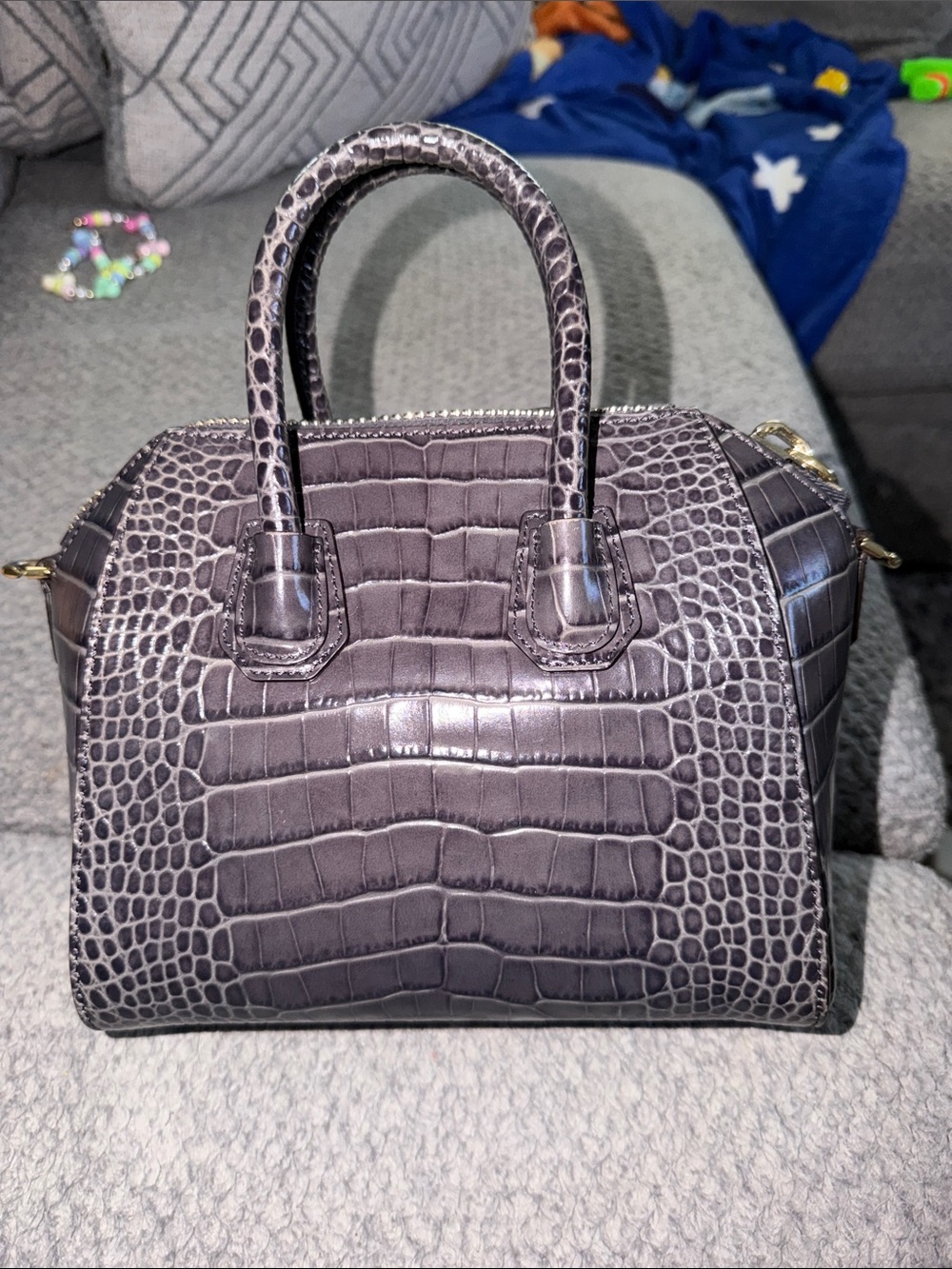 Givenchy mini Antigona Croc-Embossed Leather Satchel in Storm Gray - Picture 2 of 5